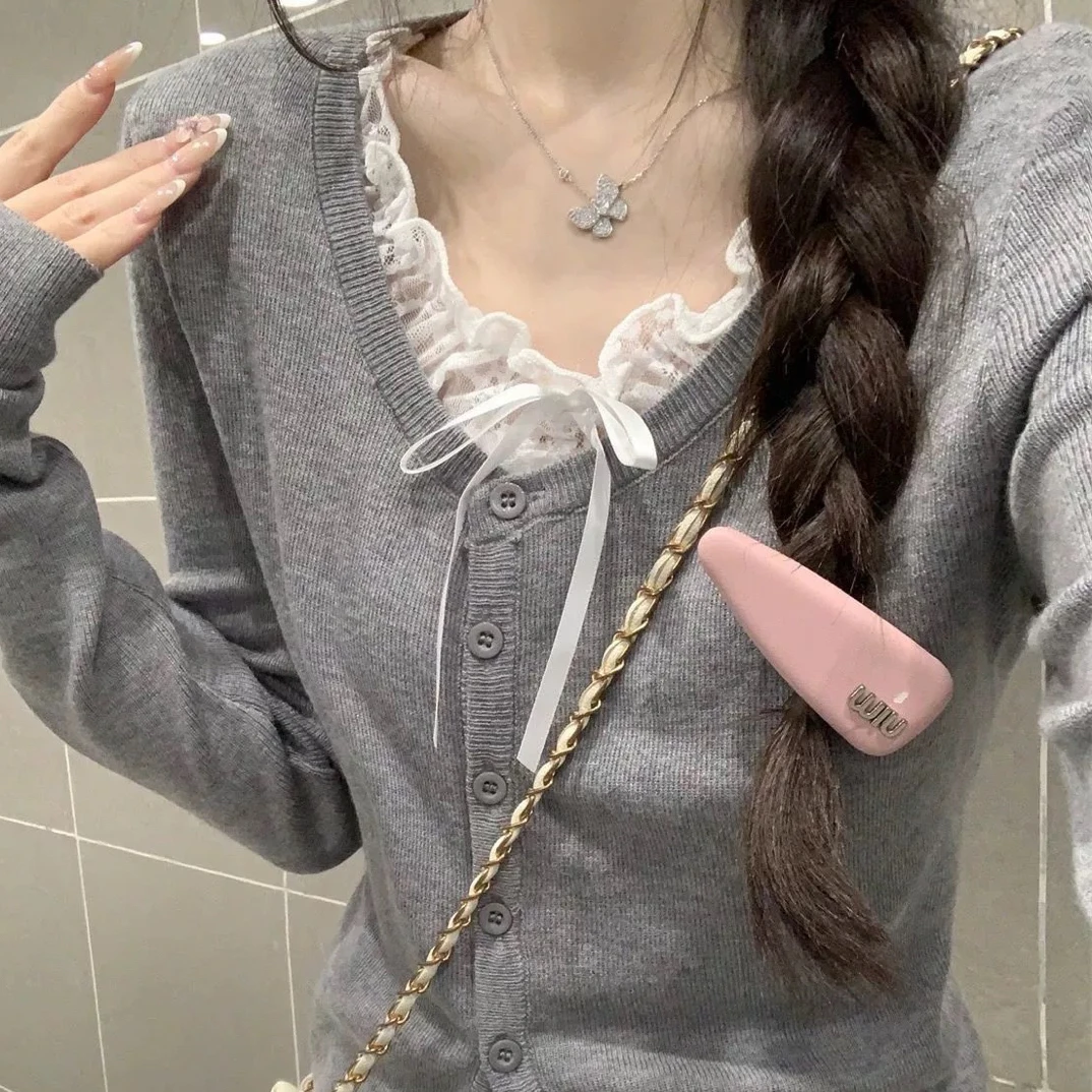 新款假两件拼接蕾丝短款正肩长袖纯欲打底1868