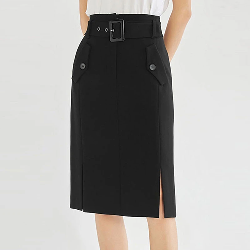 【商场同款】职业包臀裙黑色附腰带气质开叉高腰休闲半身裙1200134