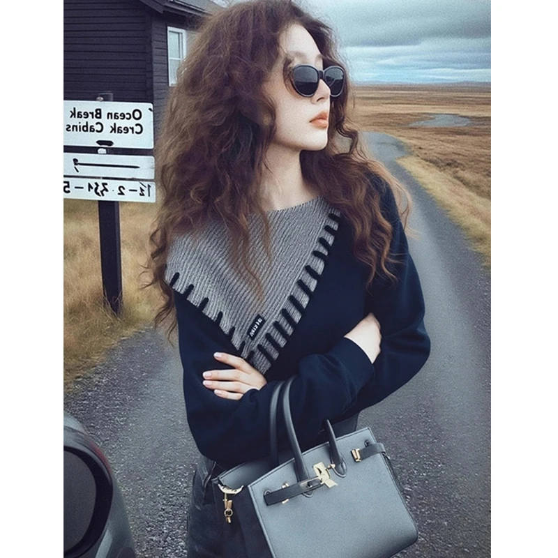 慵懒风假两件撞色拼接卫衣女秋冬高级设计感小众百搭休闲长袖上衣