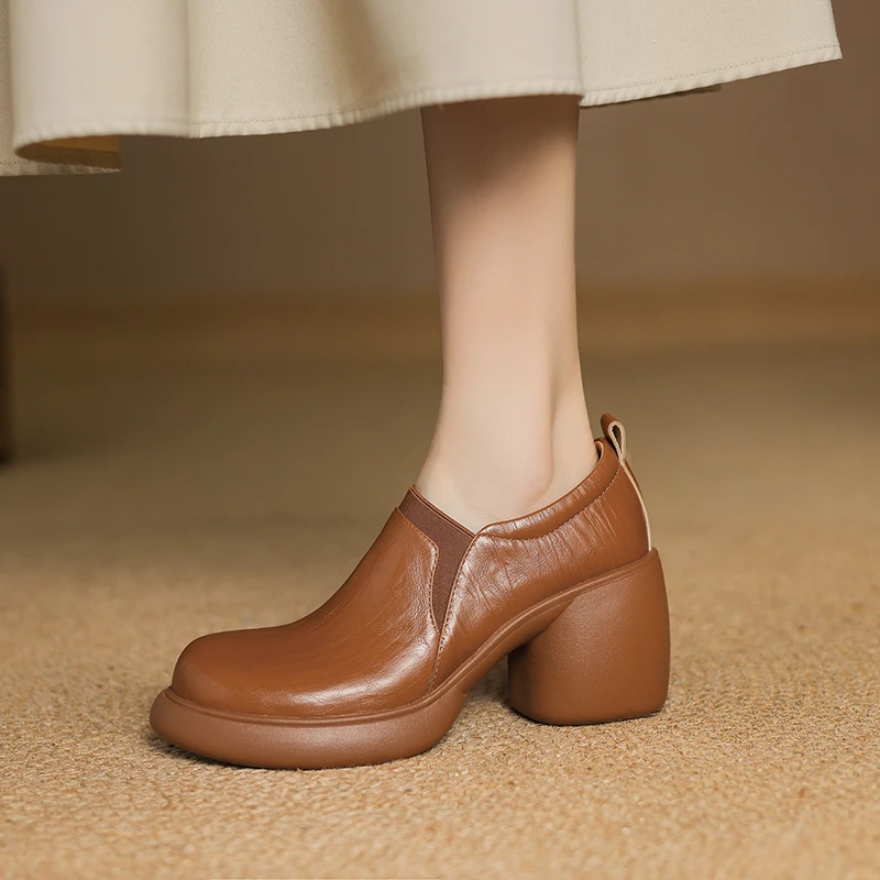 7厘米头层羊皮乐福鞋松紧口圆头深口单鞋女厚底防水台粗跟高跟鞋