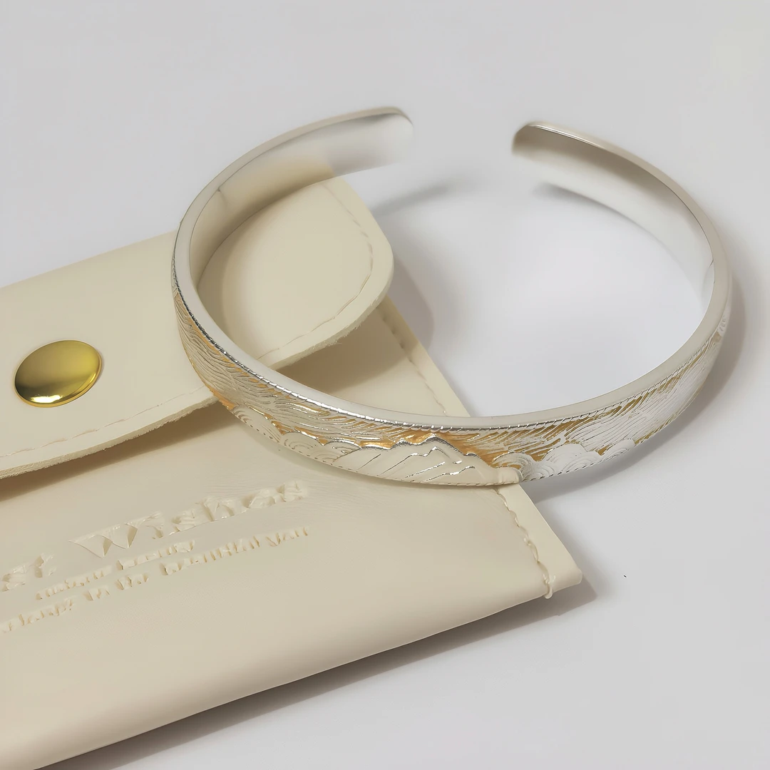 足银手镯 足银9999新中式描金千里江山山盟海誓开口实心纯银手镯