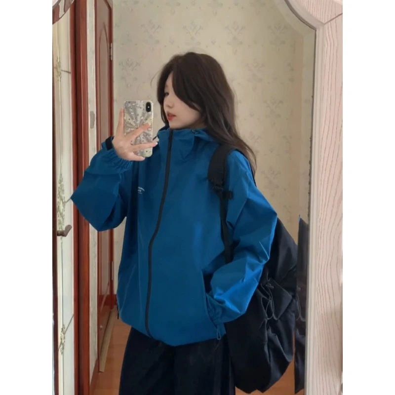 parkyeon蓝色高领连帽冲锋衣夹克外套女宽松百搭休闲阔腿裤套装