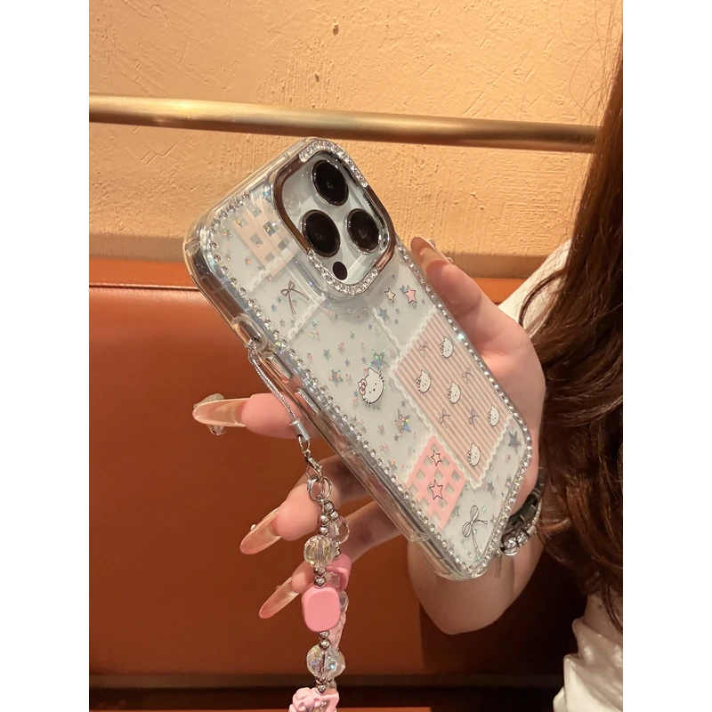 简约粉色条纹kitty猫镭射星星适用苹果16pro手机壳iphone15镶钻14