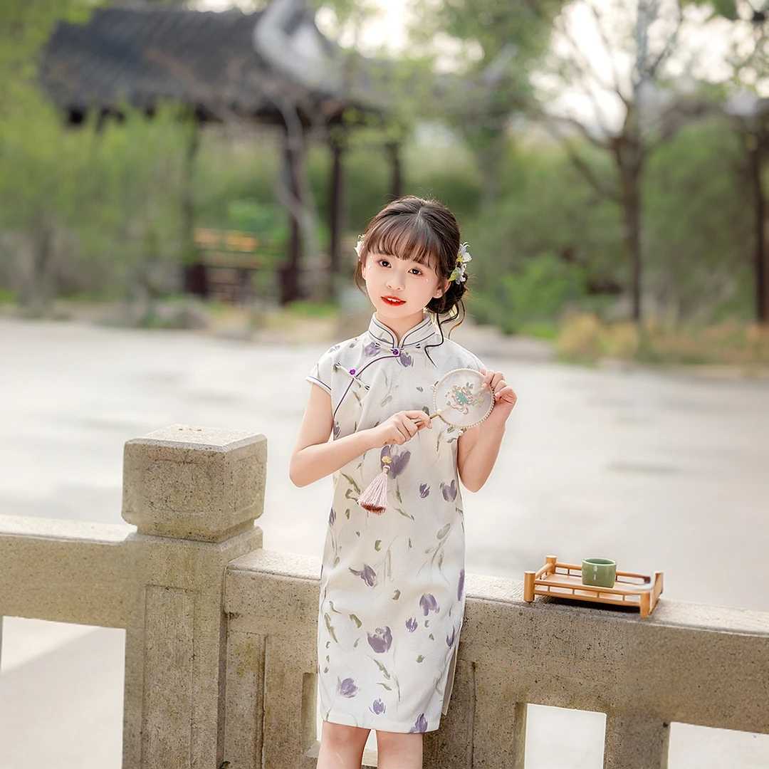 儿童旗袍气质女童紫色碎花复古大童夏季中式演出服国风薄款公主