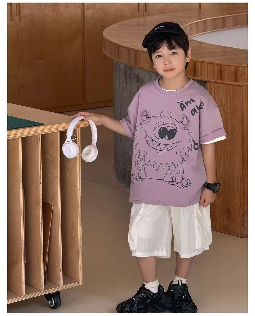 新款纯棉男童短袖韩版T恤立体小怪兽时尚百搭100棉