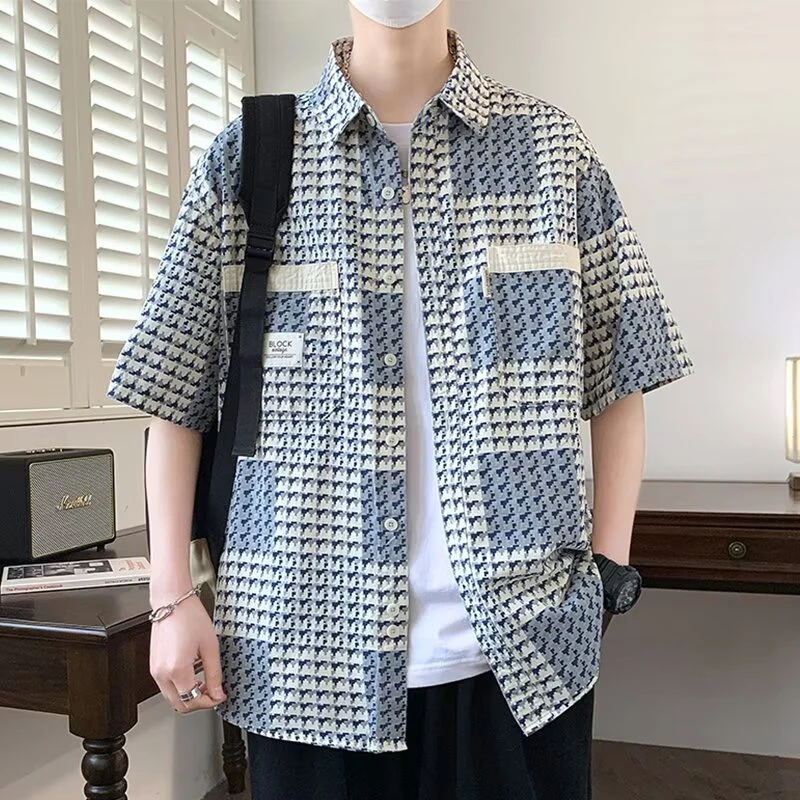 格子短袖衬衫男宽松休闲大码潮流痞帅设计感夏季新款半袖衬衣男装