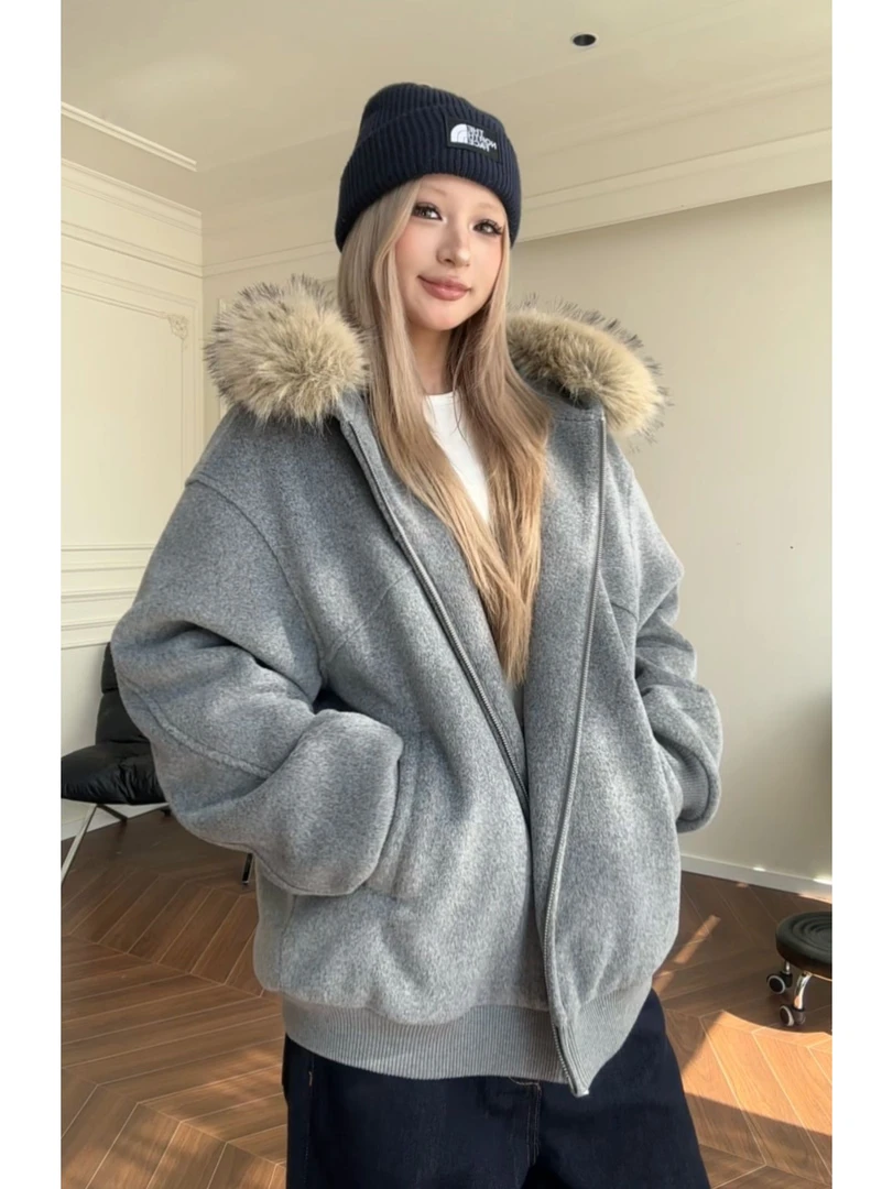 ANSCHALT冬季新款纯色羊毛毛呢棉衣休闲百搭毛领长袖棉服开衫外套