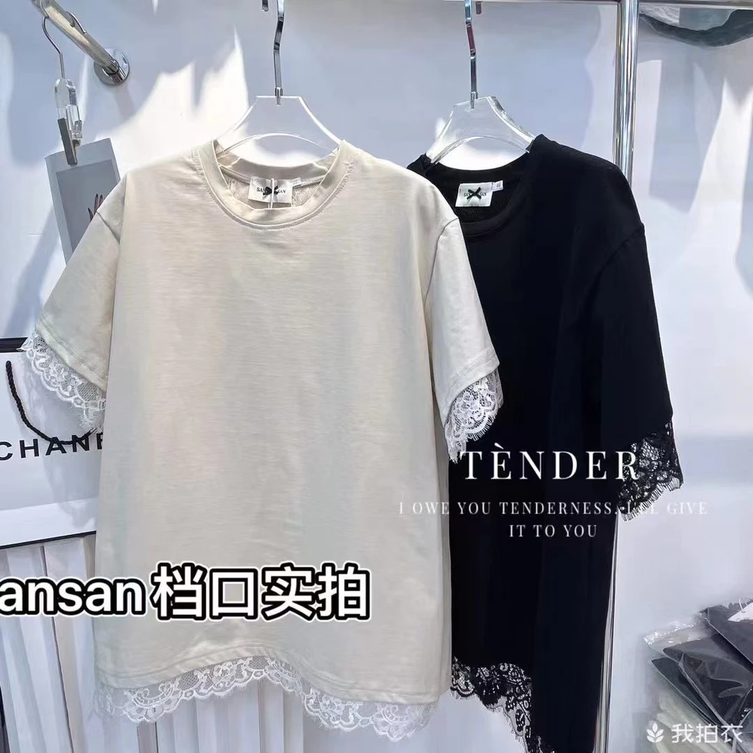韩版宽松蕾丝拼接后开衩宽松型显瘦遮肉半袖25337