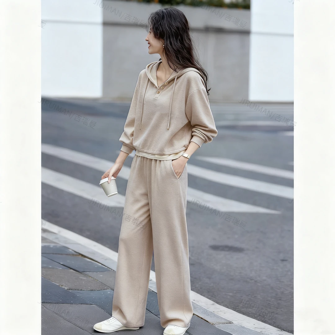 品牌撤柜-TA468春秋时尚休闲长袖假两件上衣宽松直筒长裤两件套