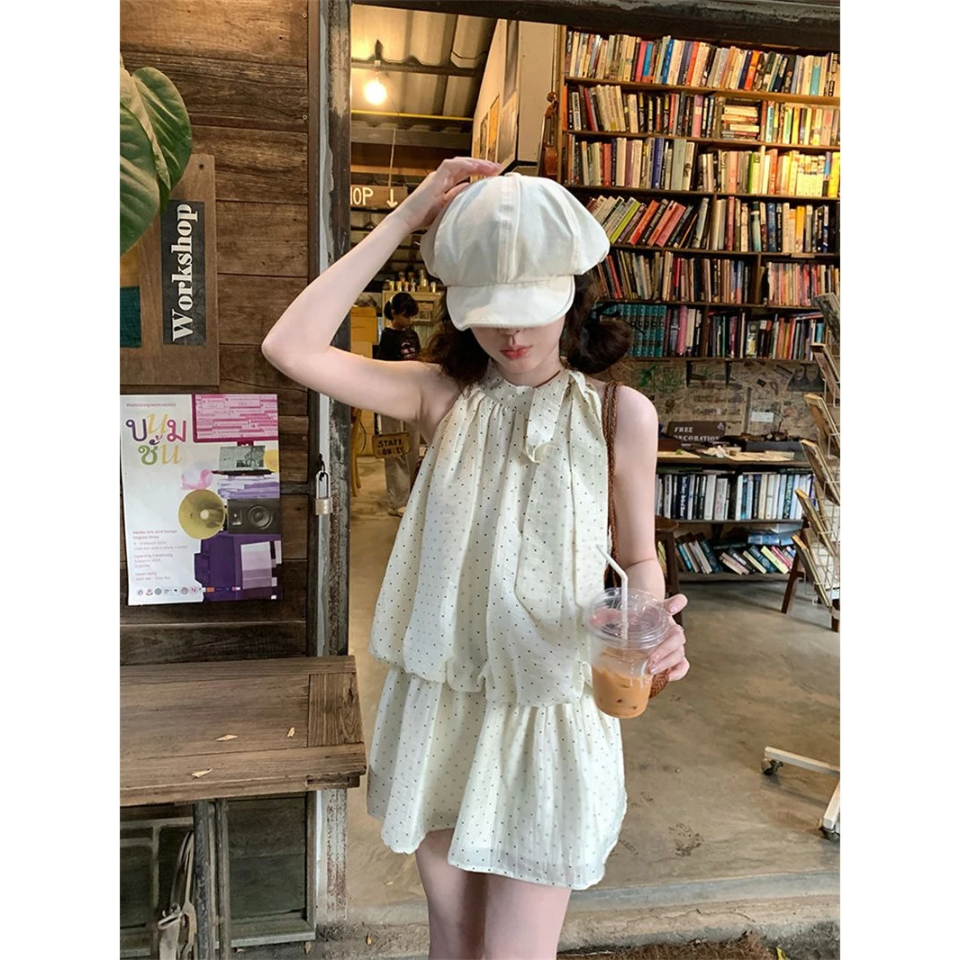 老钱风松弛感女装贵气K甜美蝴蝶结绑带挂脖无袖连衣裙女2025夏季