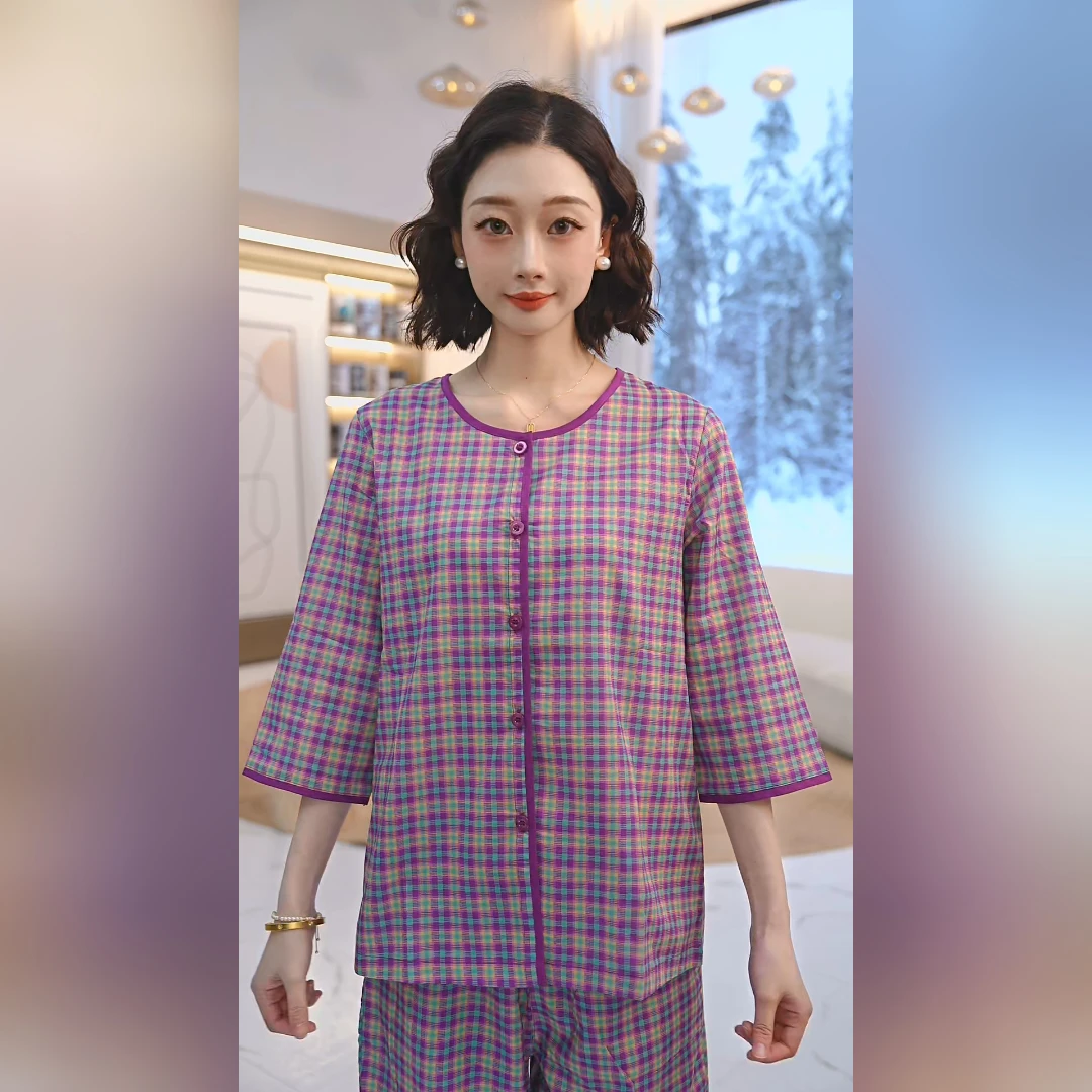 秋鹿梭织印格圆领七分袖九分裤女套时尚春夏宽松紫色QHCP2675D