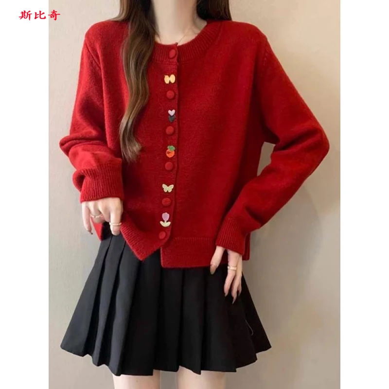 Sibiqi生肖年红色时尚毛衣外套加码女士胖毫米秋冬高端针织开衫上