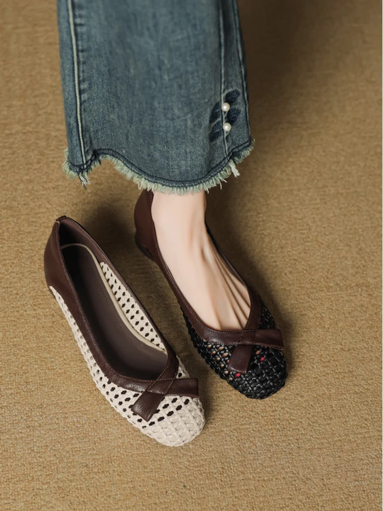 诗宝斐尔 粗跟3CM法式镂空编织蝴蝶结浅口单鞋女真皮透气洞洞凉鞋