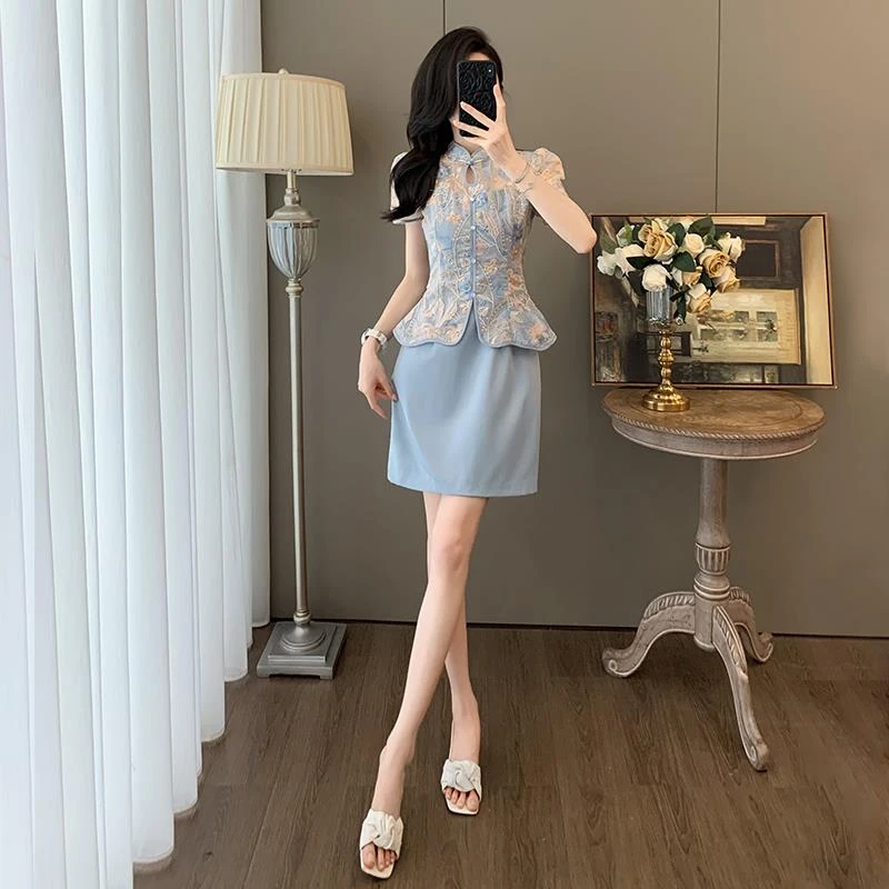 DUCURNO时尚镂空绝美连衣裙女夏季2025新款蕾丝刺绣改良旗袍裙子