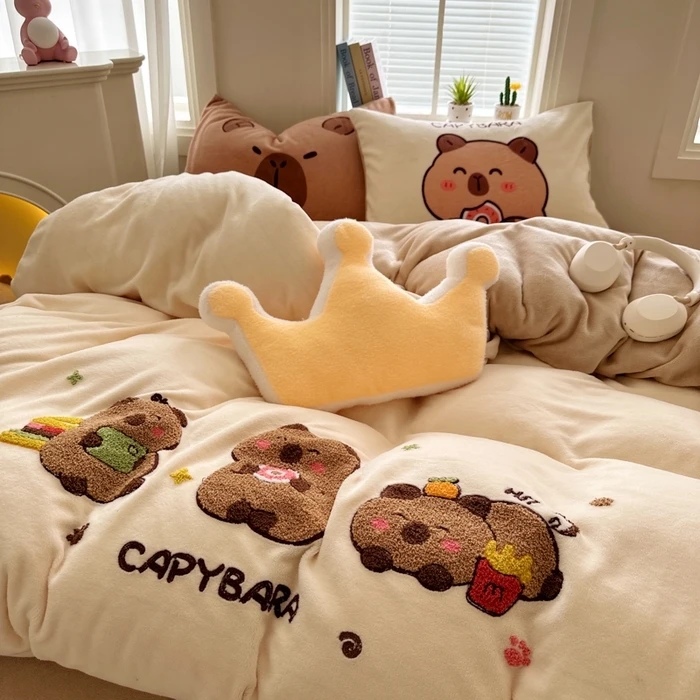 卡通刺绣加厚牛奶绒四件套床上用品可爱加绒床单被套床上四件套