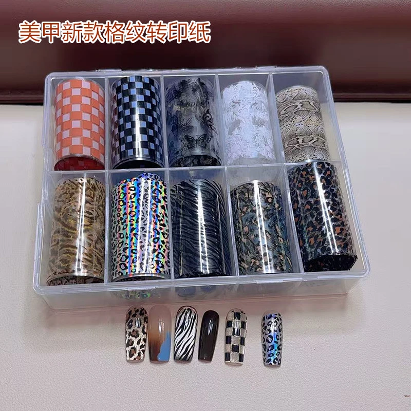 美甲新款秋冬格纹转印纸豹纹斑马纹蛇纹棋盘格转印贴花蝴蝶系列