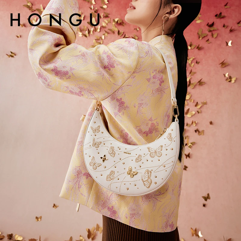 HONGU/红谷【福蝶系列】牛皮新款时尚洋气小众设计月牙包单肩包