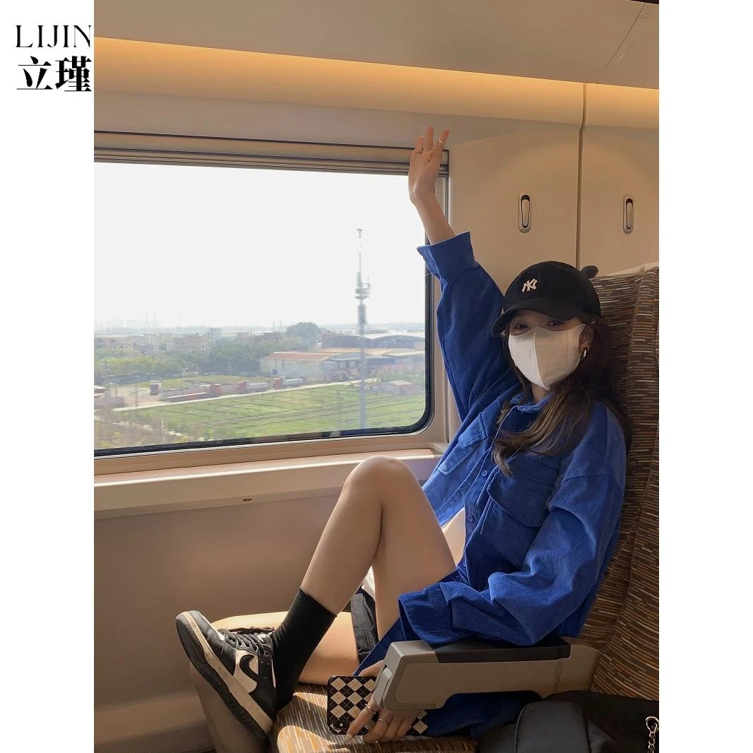 韩版休闲克莱因蓝长袖衬衫女秋冬超软宽松百搭叠穿灯芯绒上衣外套