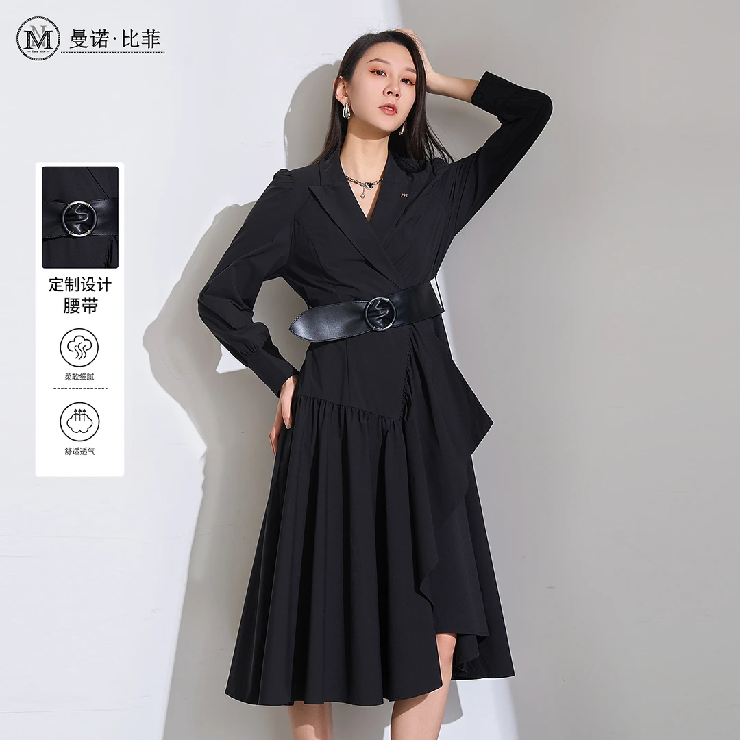 曼诺比菲商场同款春季赫本风v领不规则西装女衣服气质MFHG114280