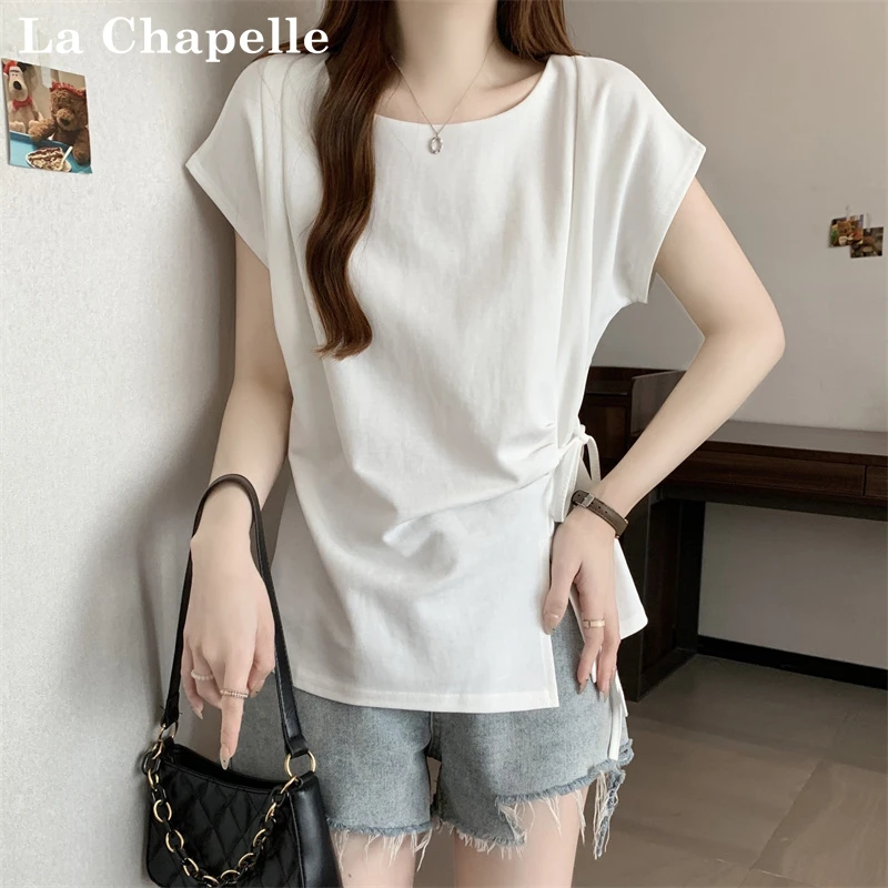 拉夏贝尔白色抽褶绑带开叉别致上衣女装夏季新款收腰抽褶圆领T恤