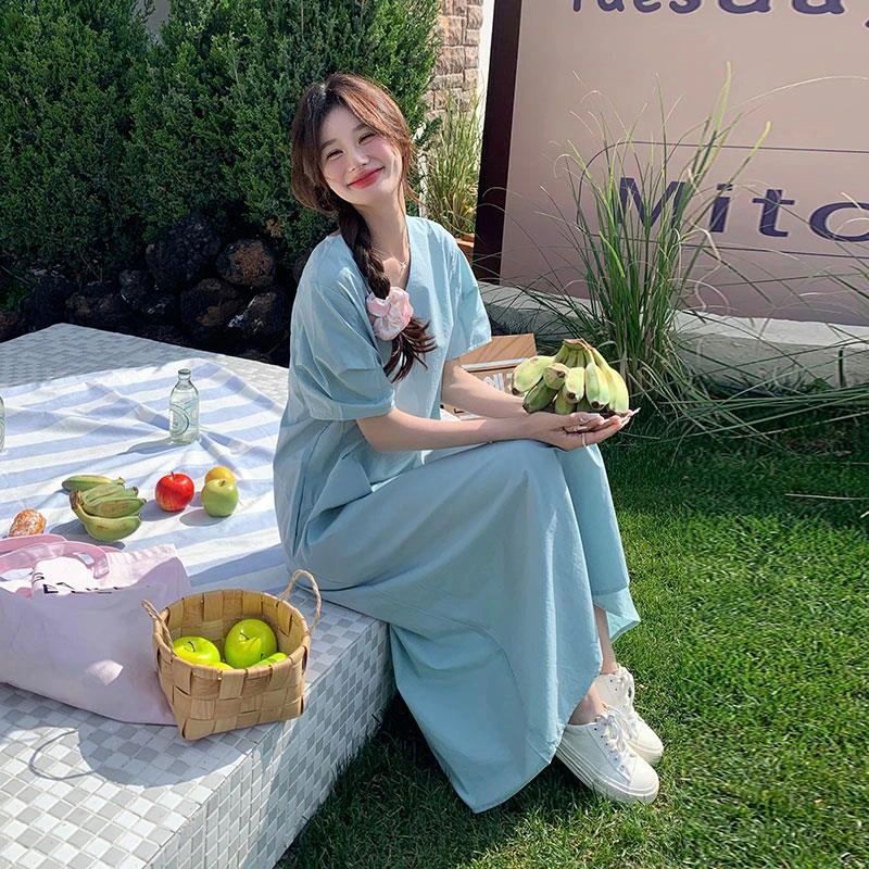 湖蓝色法式宽松连衣裙女夏2025年新款多巴胺穿搭休闲衬衫茶歇裙