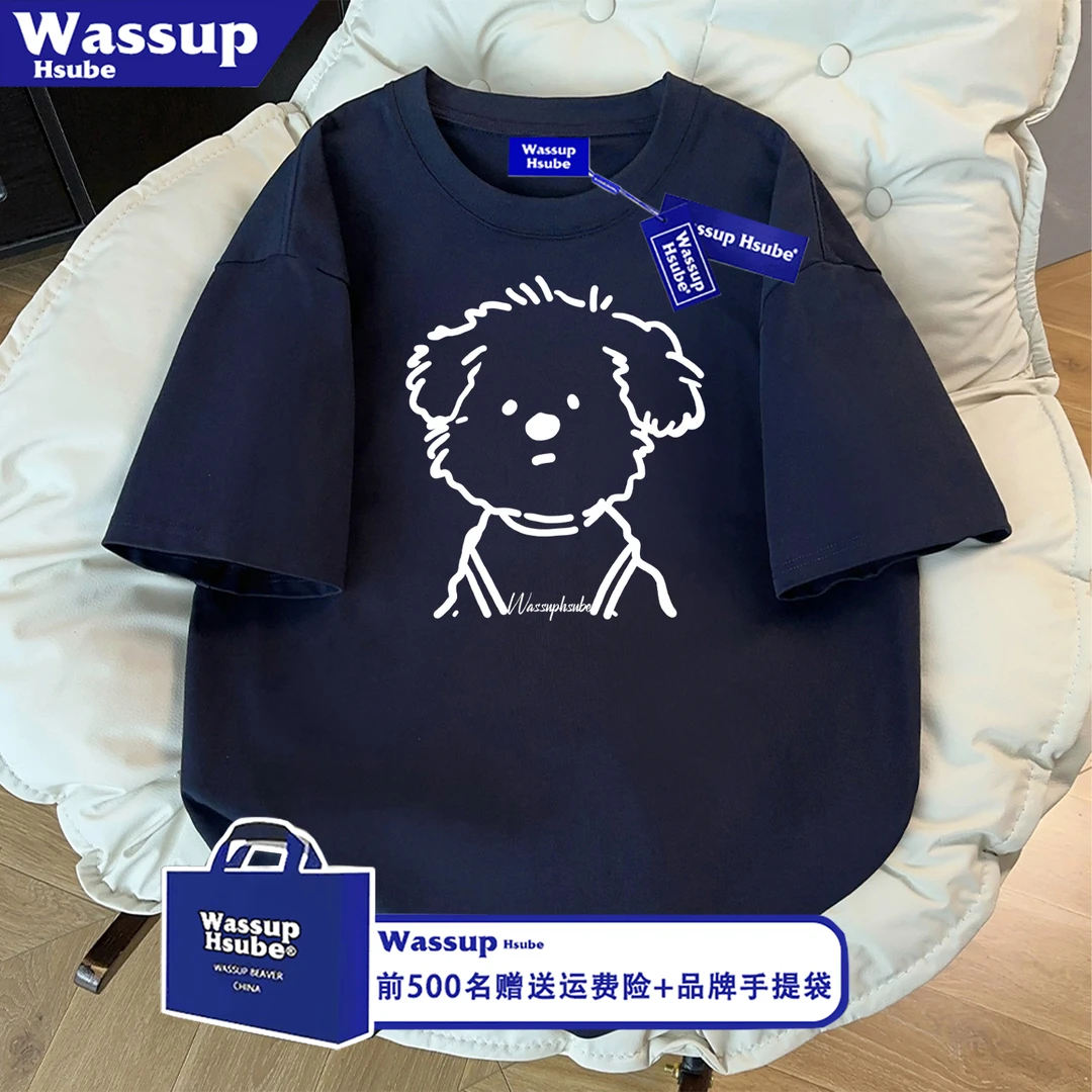 WASSUP HSUBE简约个性卡通小熊印花藏青色短袖T恤男女款夏纯棉tee