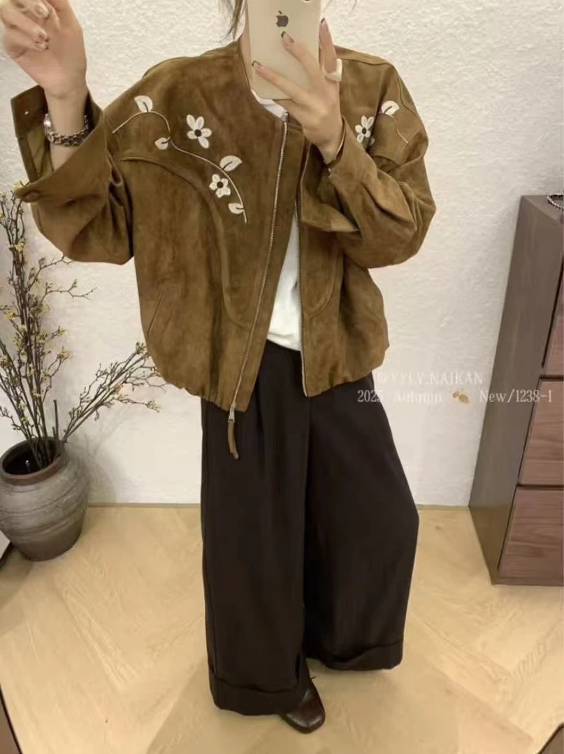 81520-3802 秋季宽松纯色女圆领短外套立领休闲设计师