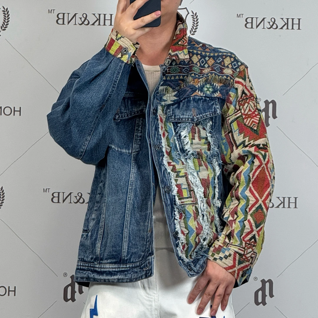 HK&NB x 复古民族风 春秋痞帅做旧潮流老花情侣针织牛仔拼接夹克