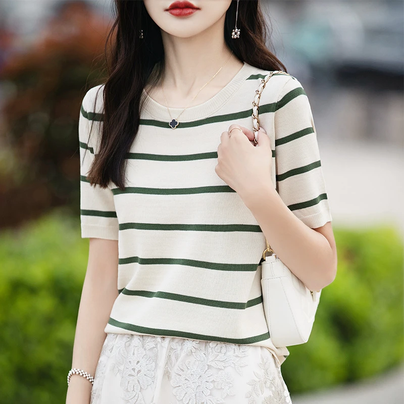 法式条纹短袖冰丝针织衫T恤衫女24年夏季薄款高级感洋气减龄上衣