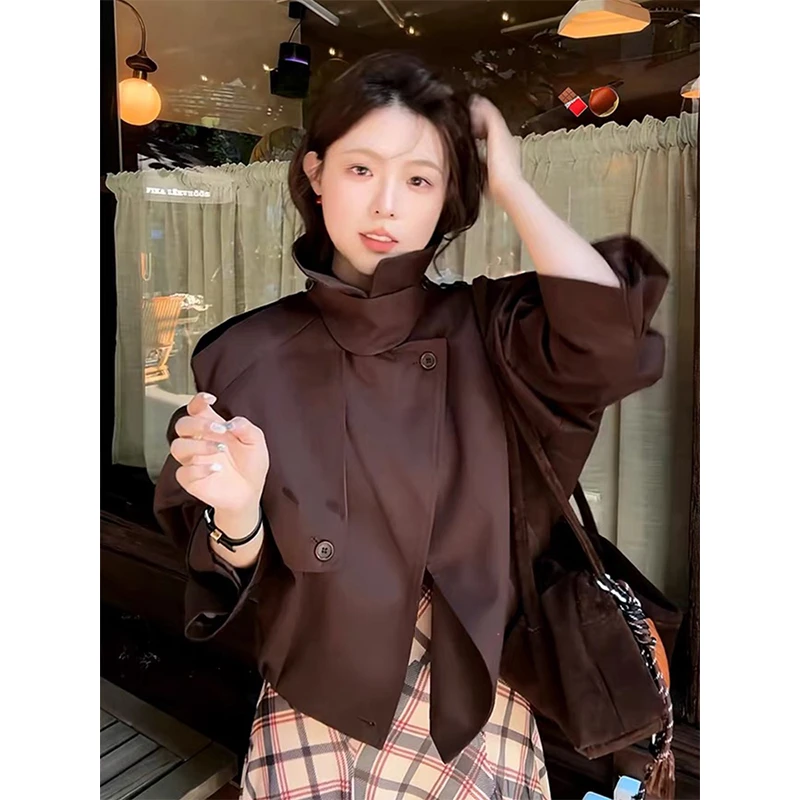 板栗色风衣外套女短款秋季新款美式设计感立领工装夹克长袖上衣潮