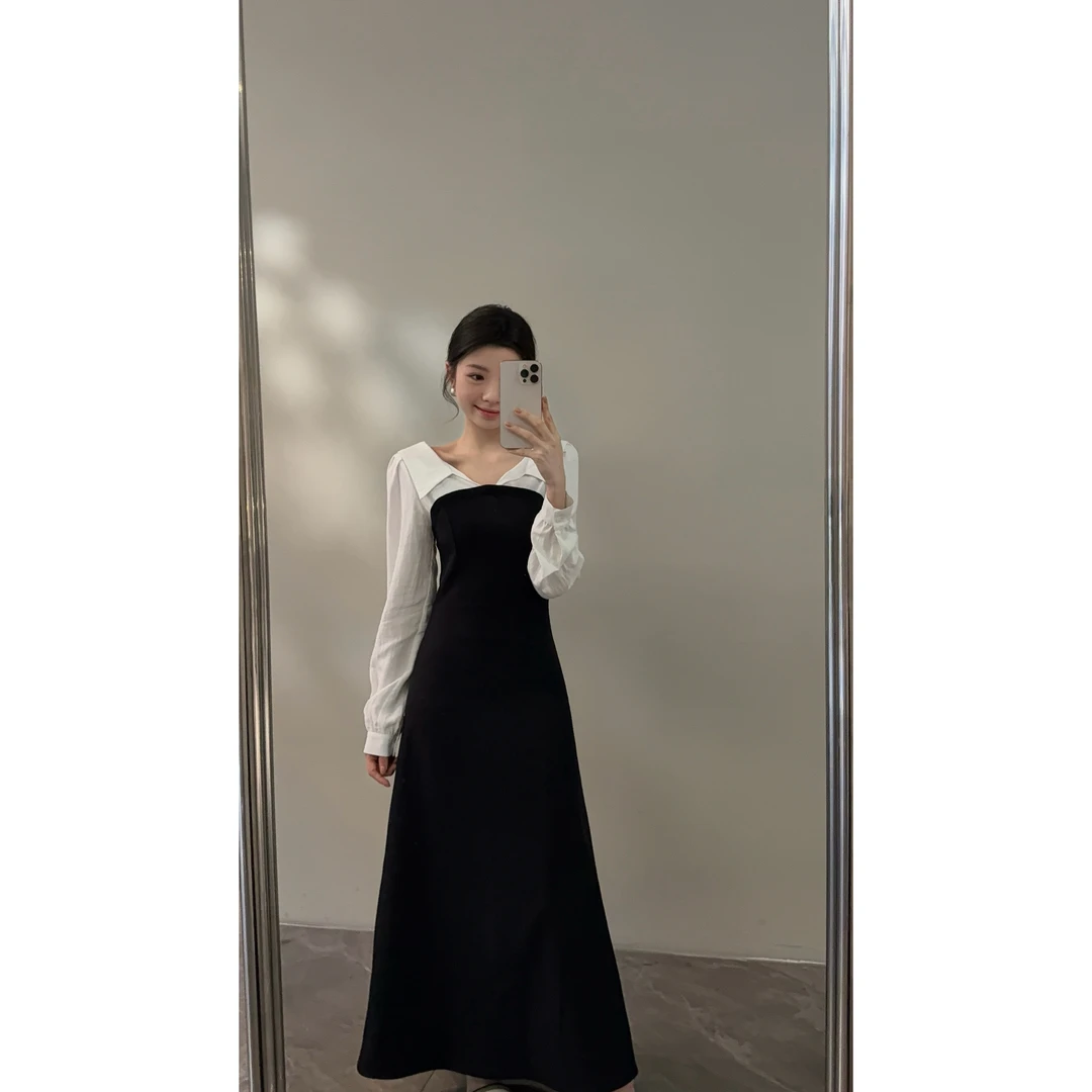 【颂宋】秋季新款小翻领拼色假两件小众拼接收腰显瘦连衣裙DT1677