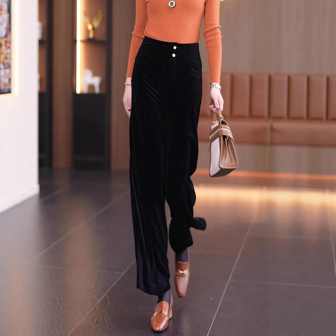 丝绒黑色长裤子女士休闲裤秋冬季大码胖mm显瘦高腰垂感加厚阔腿裤