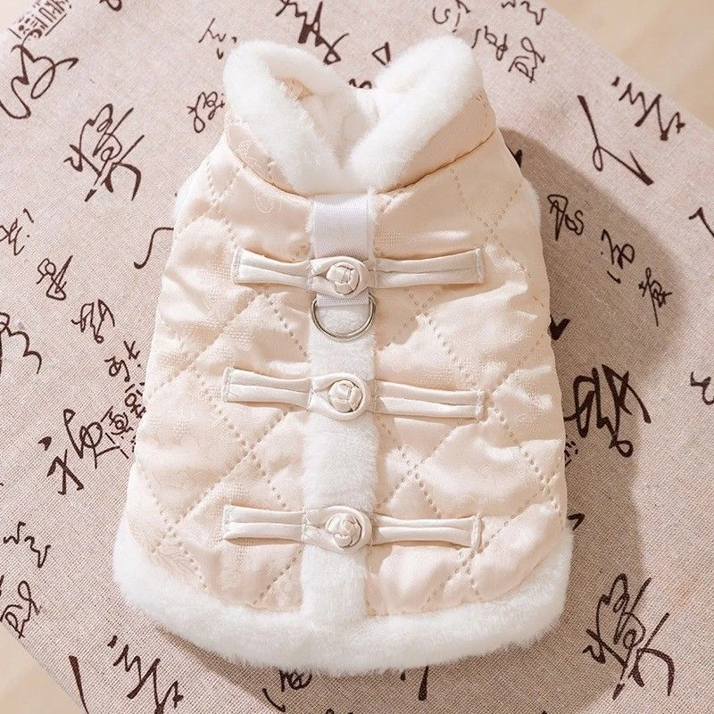 新年狗狗衣服秋冬季中式喜庆小型犬过年衣服猫咪棉衣马甲宠物唐装米白盘扣