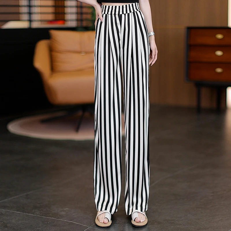 冰丝休闲裤女2025新款夏季薄款黑白条纹阔腿裤女高腰垂感显瘦裤子