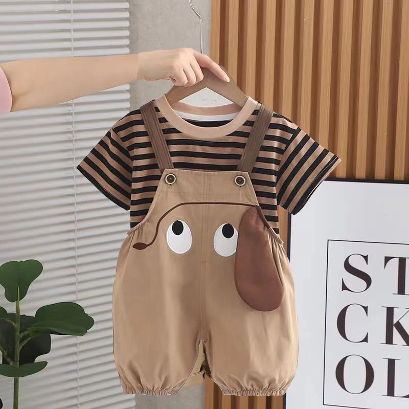 男宝宝夏装背带裤套装休闲新款婴儿童装洋气男童夏季条纹小童小童