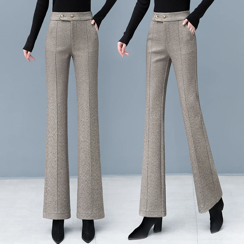 加绒加厚毛呢微喇裤女秋冬2025新款裤子高腰显瘦时尚保暖休闲裤