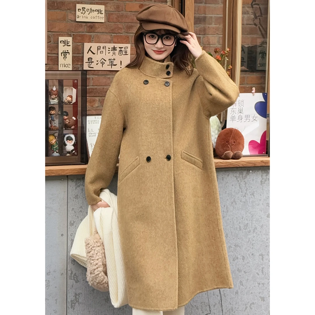 5516 韩版宽松气质百搭双排扣立领时尚秋冬长款加厚双面羊毛大衣