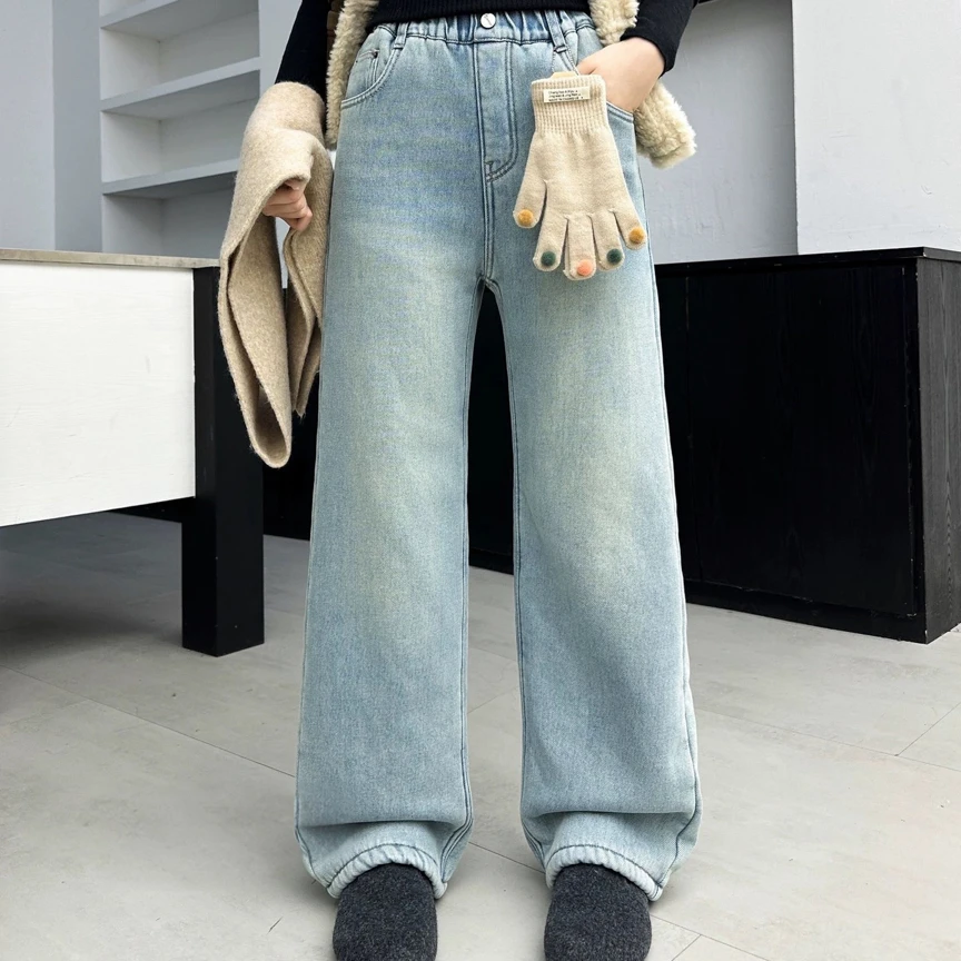 小文童学冬季加厚绒一条过动葵花绒23123百搭浅色牛仔直筒裤窄版