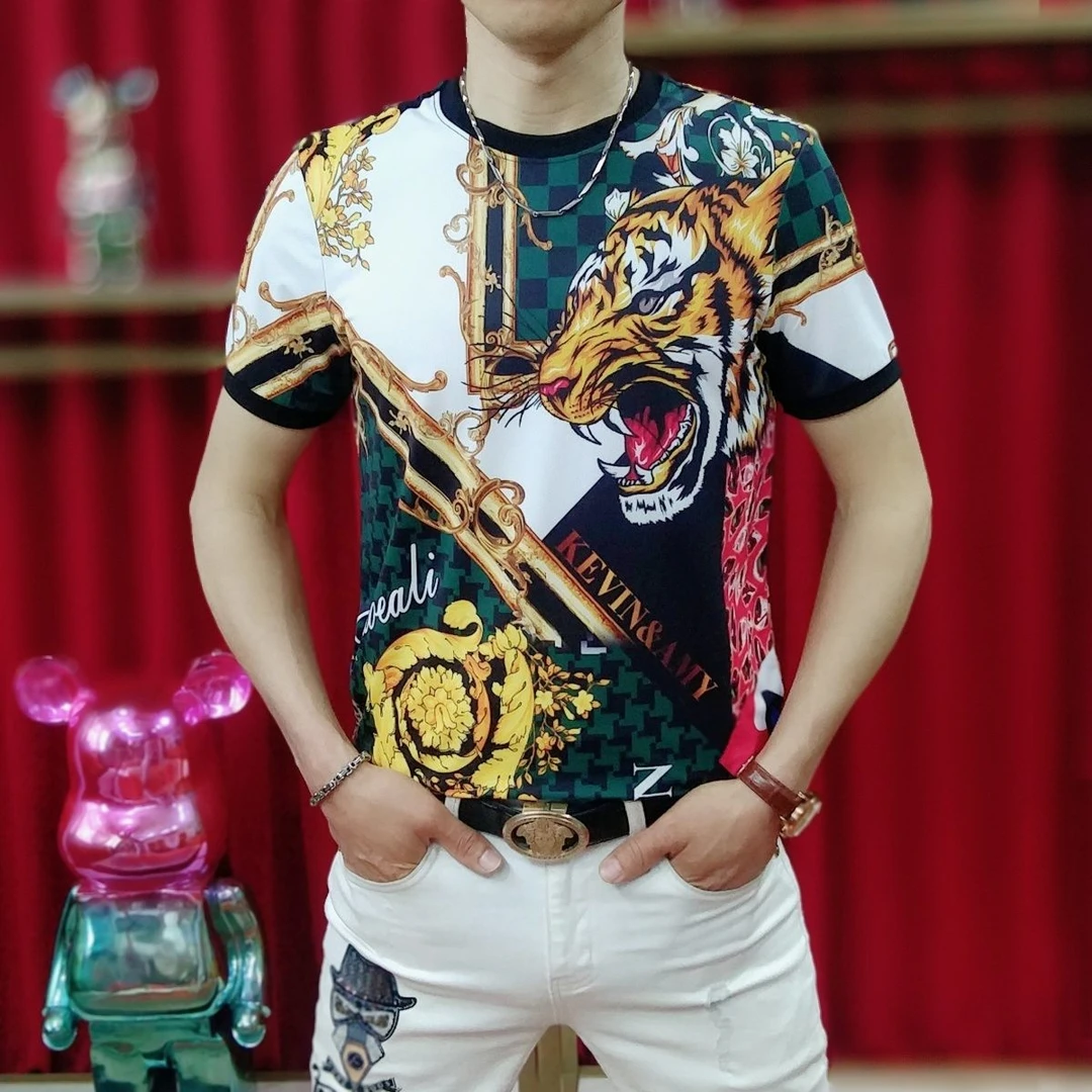 2025男士夏季新款高品质休闲印花短袖百搭修身时尚冰丝圆领半袖潮