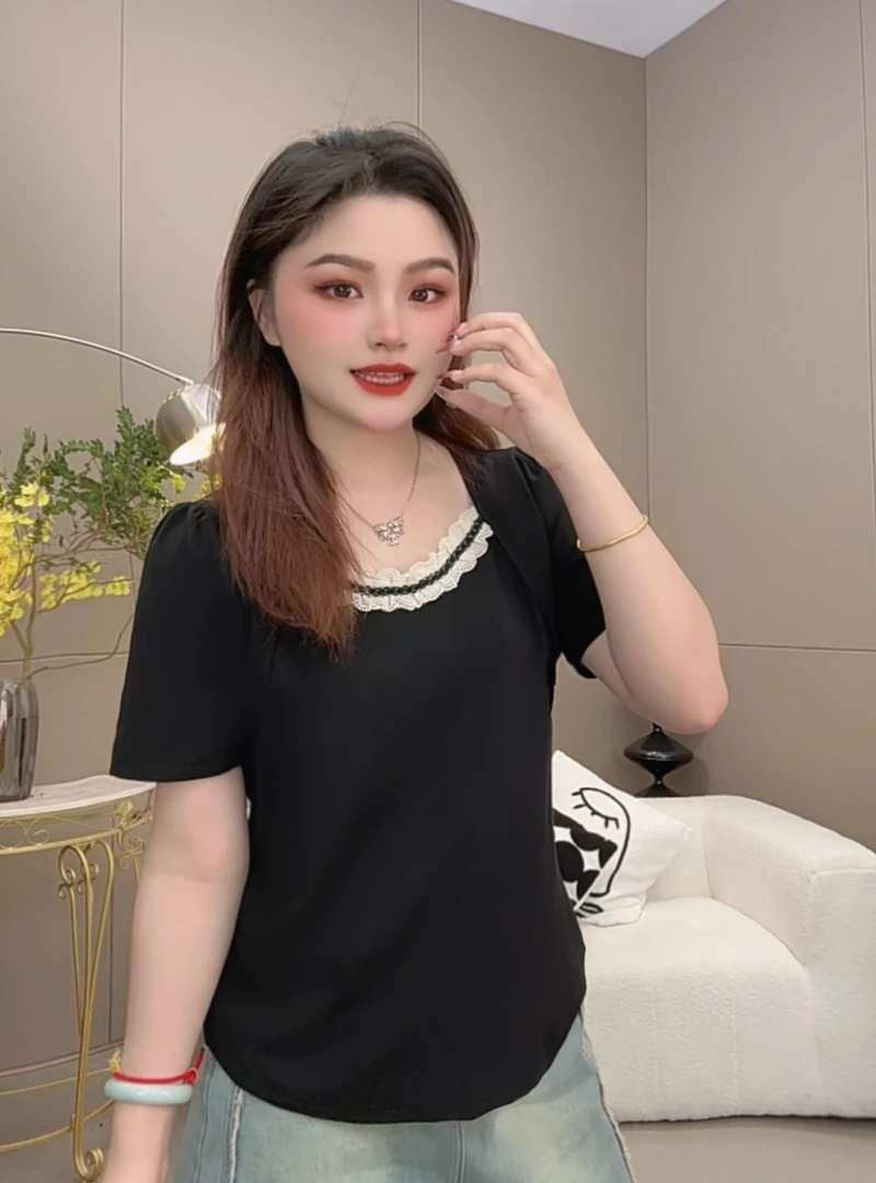 大码胖mm法式方领露锁骨显瘦短袖T恤夏装设计感上衣