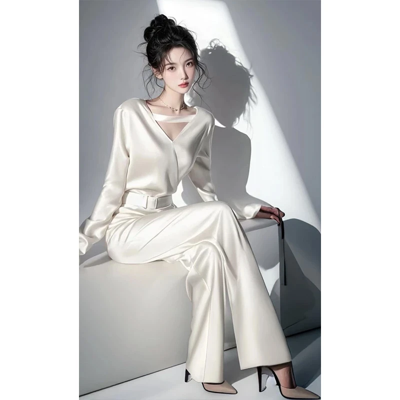 名媛风气质时尚干练缎面2025春季新款盐系轻熟白色一整套套装