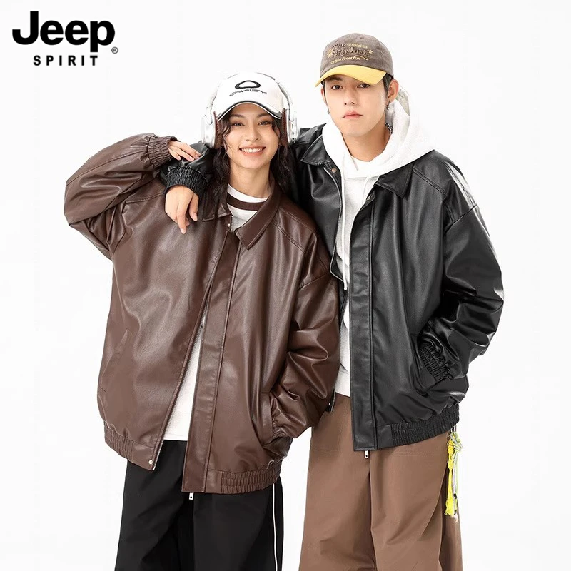 JEEPSPIRITPU皮夹克男女秋冬季痞帅机车百搭皮衣宽松外套男生情侣