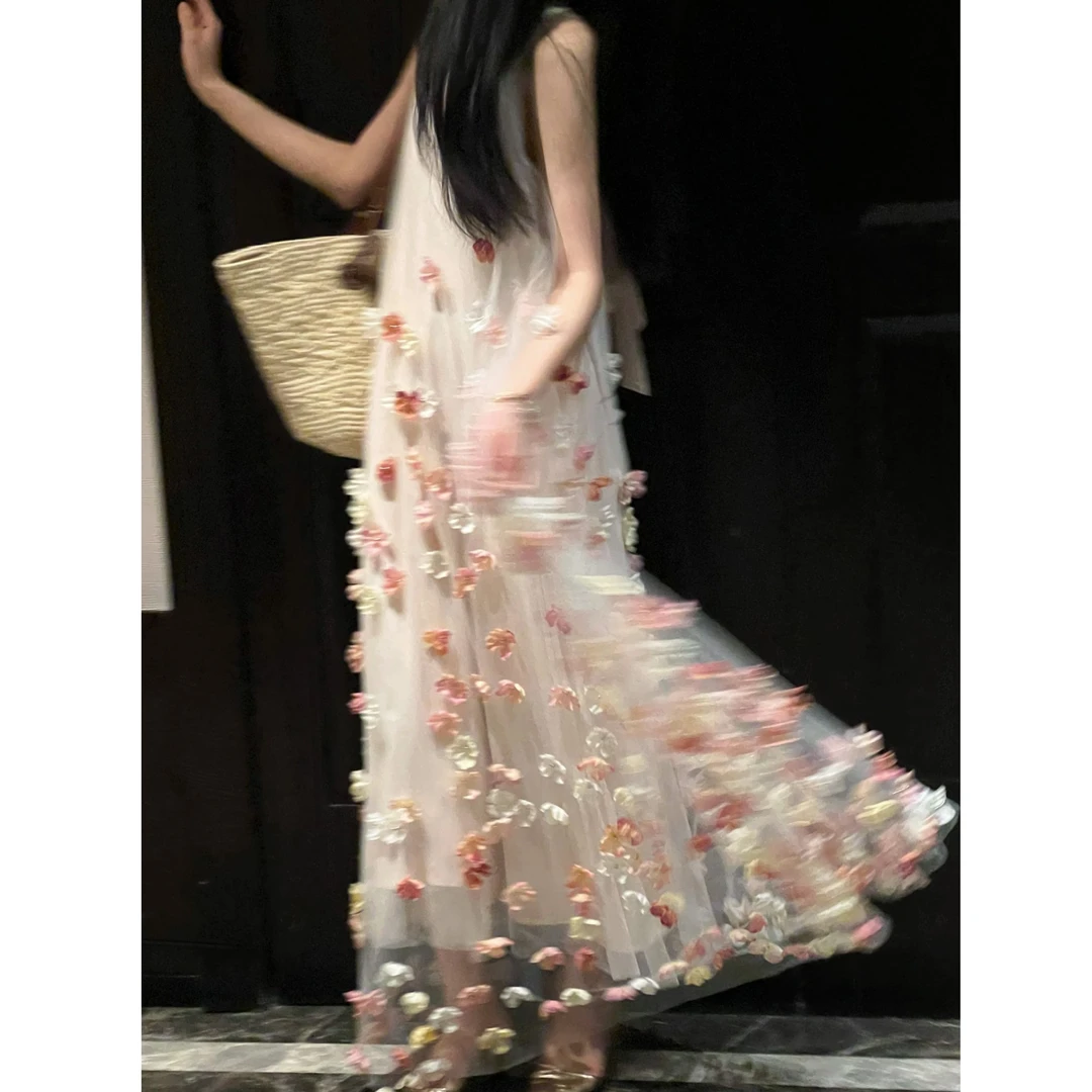 【璐璐专属】无袖花朵森系夏季气质宽松腰连衣裙法式长裙 YH25014