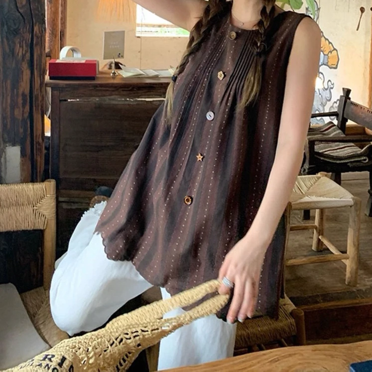 【三十梦】栗子甜巧派减龄民族风无袖宽松打褶小衫