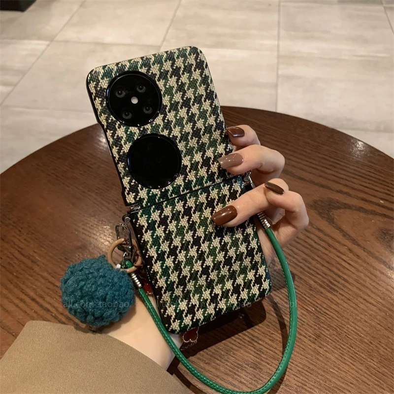适用华为pocket2折叠屏手机壳p50pocket绿色千鸟格铃铛挂件保护套