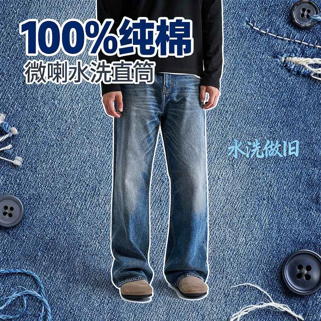 DOKIE【32074】秋冬新款15盎司004微喇版型水洗直筒版型牛仔裤
