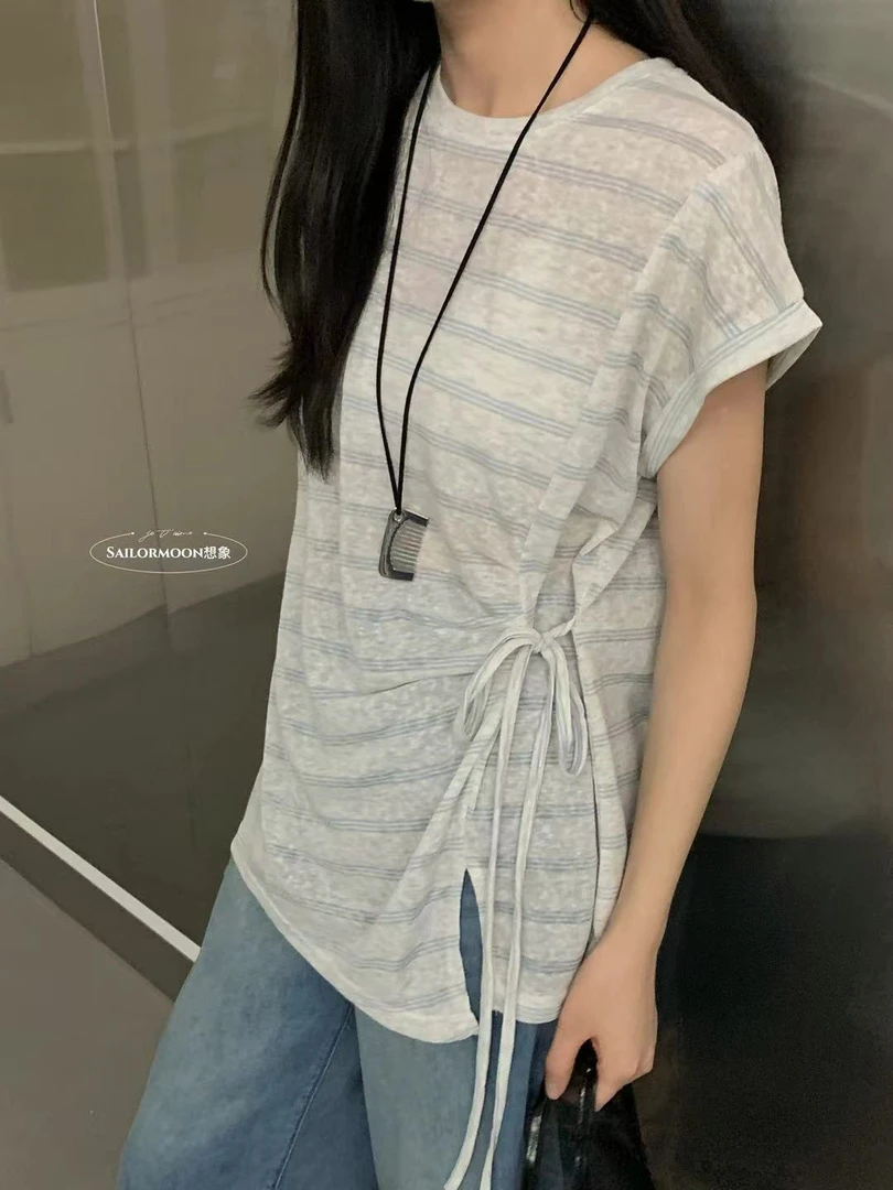 想象@10115 韩系简约百搭条纹侧绑带短袖T恤 6-19