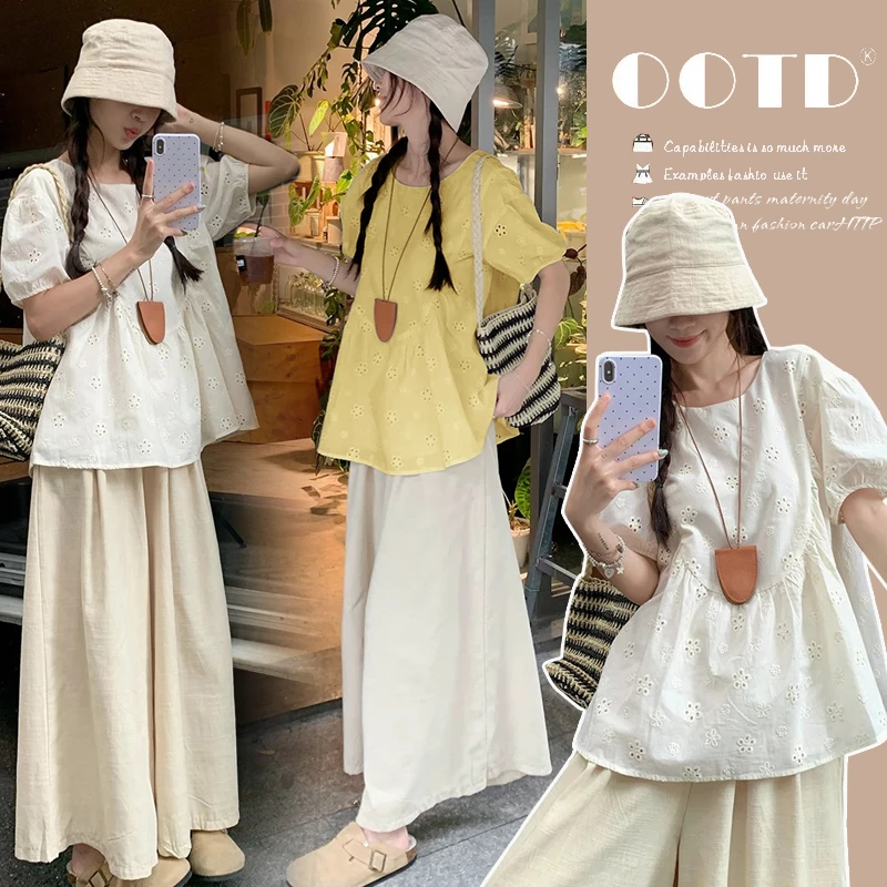 2025孕妈夏季短袖法式泡泡袖圆领蕾丝上衣＋休闲阔腿裤套装