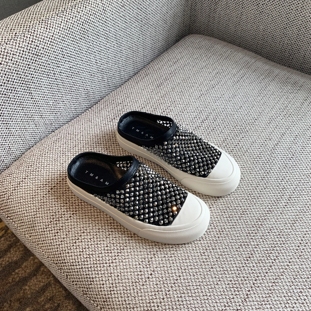 Shu.小姐~时尚百搭水钻满钻渔网镂空透气包头半拖鞋外穿穆勒拖鞋