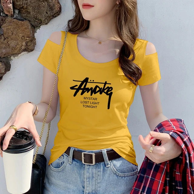 2025年夏季新款黄色短袖露肩t恤女修身显瘦洋气打底小衫内搭上衣